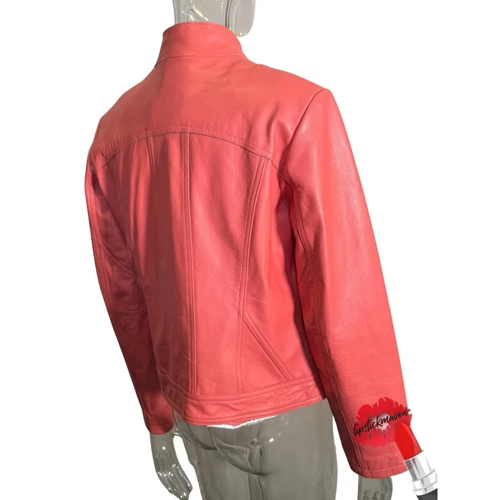 Wilsons Leather Maxima Moto Jacket‎ Womens Large Orange Biker Collarless Zip Up